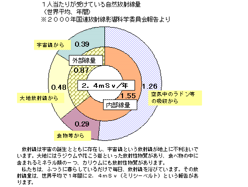 １人当たりが受けている自然放射線量の年間世界平均グラフ